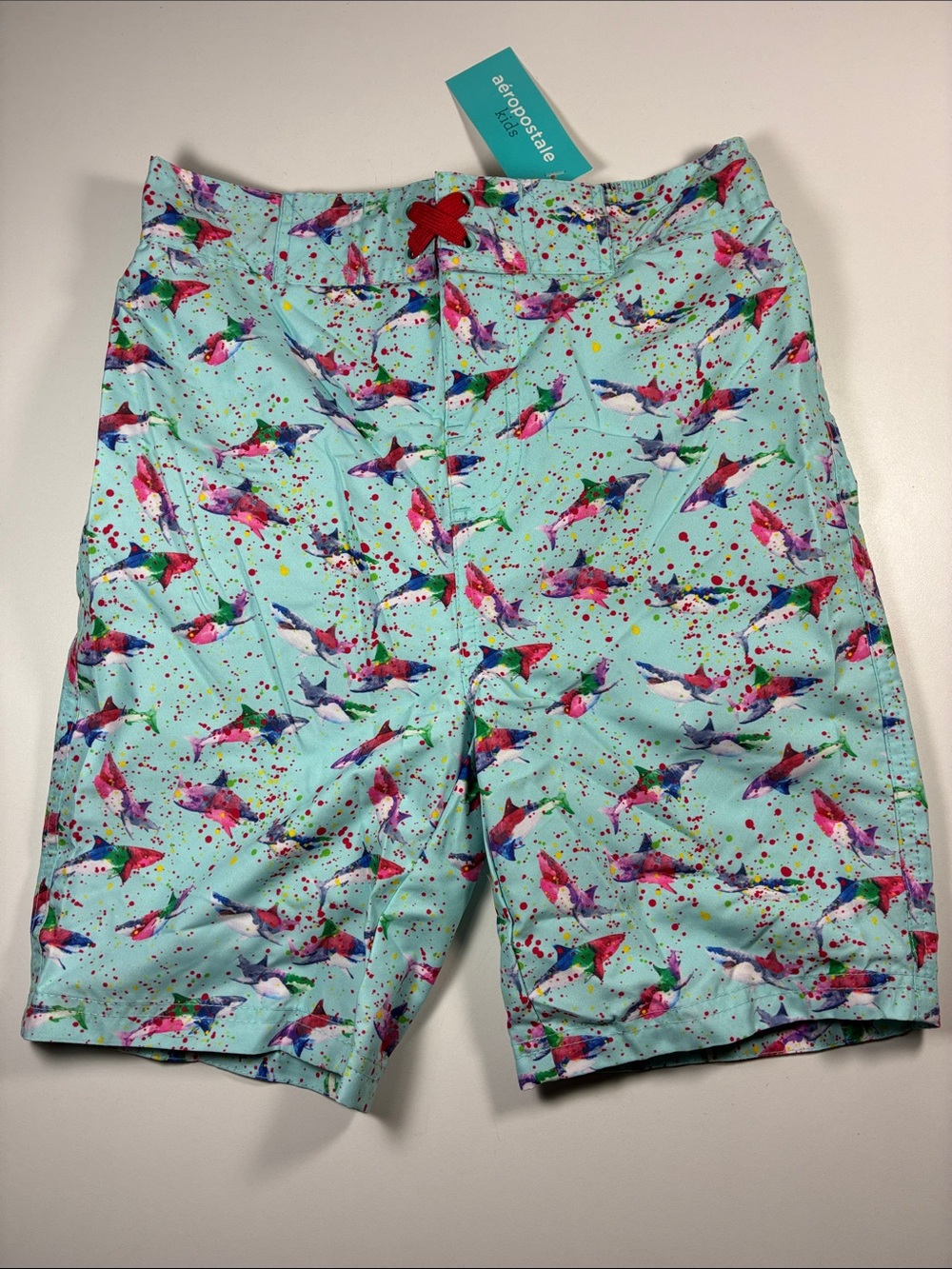 NWT Aeropostale Kids Aqua Multicolor Shark Print Swim Trunks, size 10